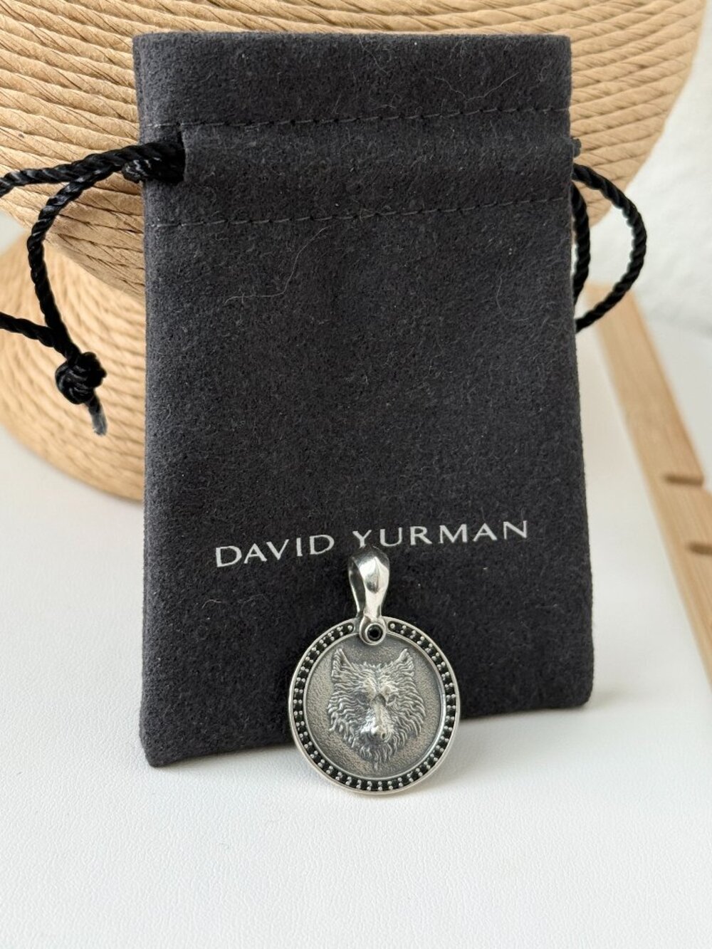 David Yurman .925 Sterling Silver Petrvs Wolf Pendant Amulet with Black Diamonds